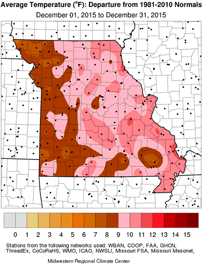 Average Temperature (F): Departure from 1981-2010 Normals December 1, 2015 to December 31, 2015