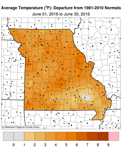 Average Temperature (°F): Departure from 1981-2010 Normals June 01, 2016 to June 30, 2016