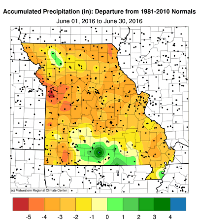Accumulated Precipitation (in): Departure from 1981-2010 Normals June 01, 2016 to June 30, 2016