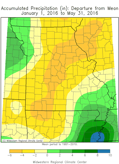 Accumulated Precipitation (in): Departure from Mean January 1, 2016 to May 31, 2016