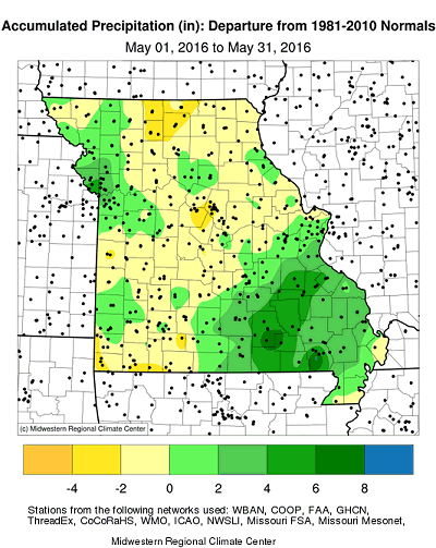 Accumulated Precipitation (in): Departure from 1981-2010 Normals May 01, 2016 to May 31, 2016