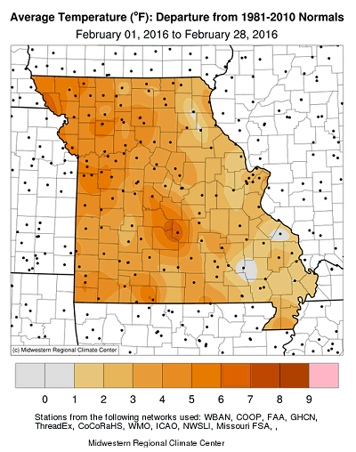 Average Temperature (° F): Departure from 1981-2010 Normals February 01, 2016 to February 28, 2016