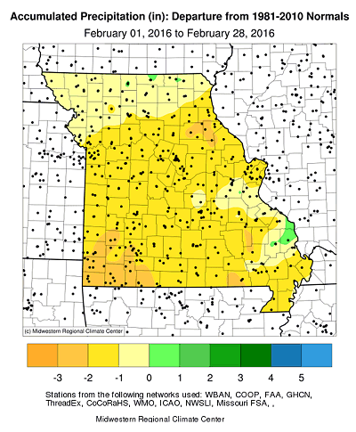 Accumulated Precipitation (in): Departure from 1981-2010 Normals February 01, 2016 to February 28, 2016