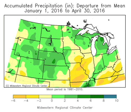 Accumulated Precipitation (in): Departure from Mean January 01, 2016 to April 30, 2016