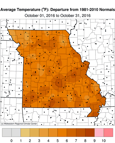 Average Temperature (°F): Departure from 1981-2010 Normals October 01, 2016 to October 31, 2016