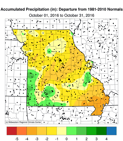 Accumulated Precipitation (in): Departure from 1981-2010 Normals October 01, 2016 to October 31, 2016