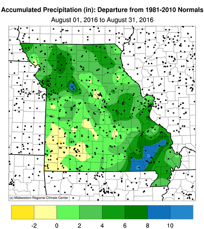 Accumulated Precipitation (in): Departure from 1981-2010 Normals August 01, 2016 to August 31, 2016