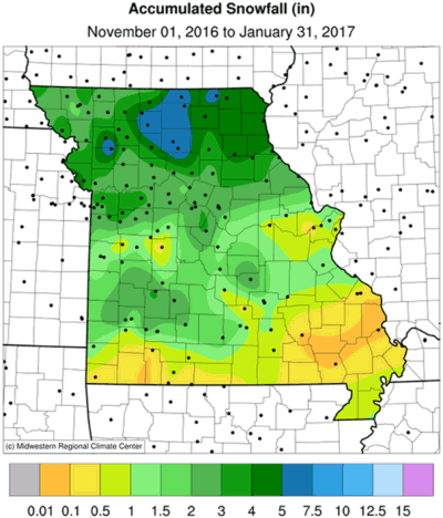 Accumulated Snowfall (in) November 01, 2016 - January 31, 2017