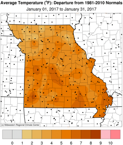 Average Temperature (°F): Departure from 1981 - 2010 Normals January 01, 2017 to January 31, 2017