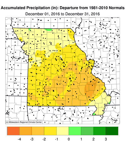 Accumulated Precipitation (in): Departure from 1981-2010 Normals December 01, 2016 to December 31, 2016