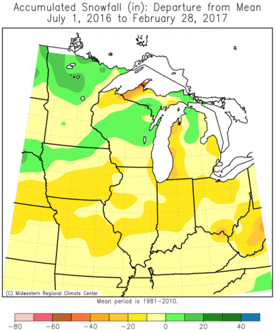 Accumulated Snowfall (in): Departure from Mean July 1, 2016 to February 28, 2017