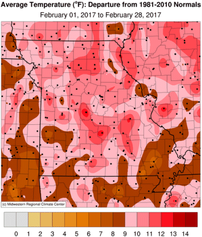 Average Temperature (°F) Departure from 1981-2010 Normals February 01, 2017 to February 28, 2017