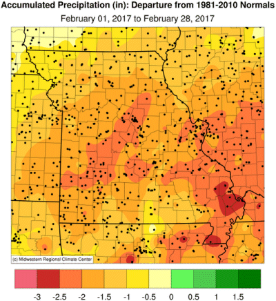 Accumulated Precipitation (in): Departure from 1981-2010 Normals February 01, 2017 to February 28, 2017