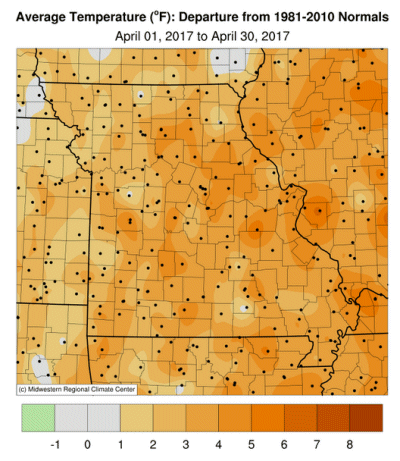 Average Temperature (°F): Departure from 1981-2010 Normals April 01, 2017 to April 30, 2017