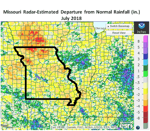 Missouri Radar-Estimated Departure from Normal Rainfall (in.) July 2018