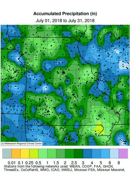 Accumulated Precipitation (in) July 01, 2018 to July 31, 2018