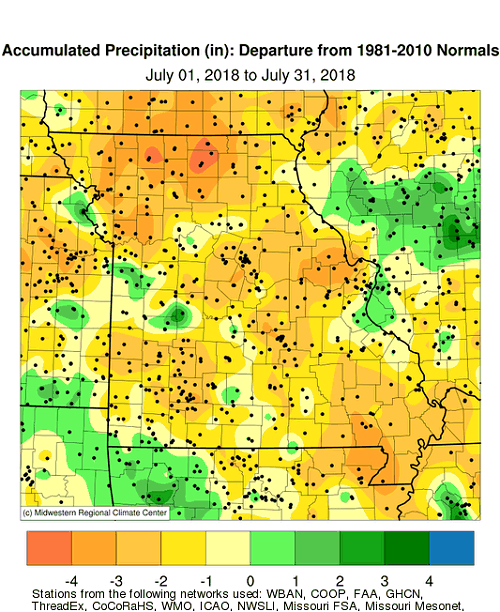 Accumulated Precipitation (in): Departure from 1981-2010 Normals July 01, 2018 to July 31, 2018