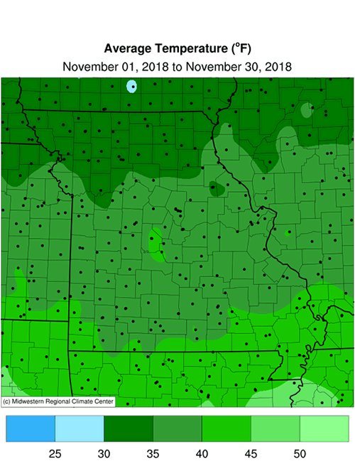 Missouri Average Temperature: November 1 to November 30, 2018