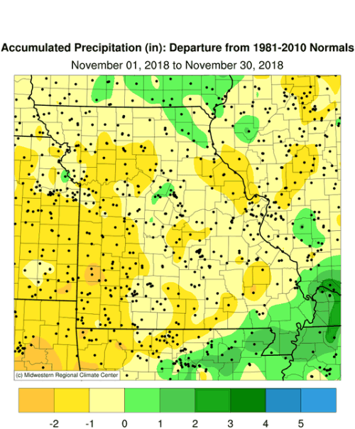 Missouri Accumulated Precipitation Departure: November 1 to November 30, 2018