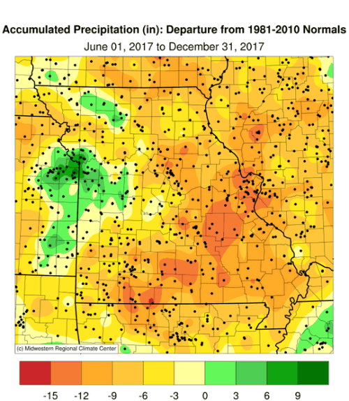Accumulated Precipitation: Departure from 1981-2010 Normals, June 1, 2017 to December 31, 2017