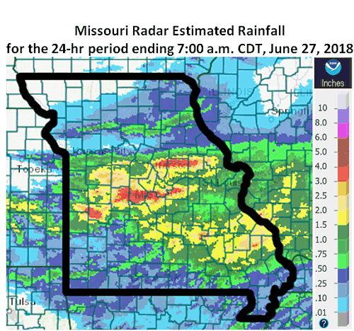 Missouri Radar Estimated Rainfall for the 24-hr period ending 7:00 a.m. CDT, June 27, 2018