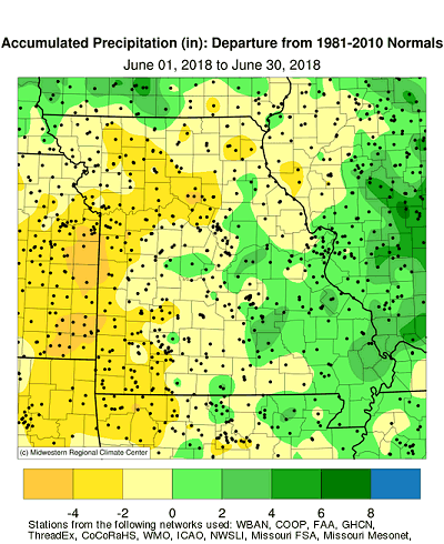 Accumulated Precipitation (in): Departure from 1981-2010 Normals June 01, 2018 to June 30, 2018
