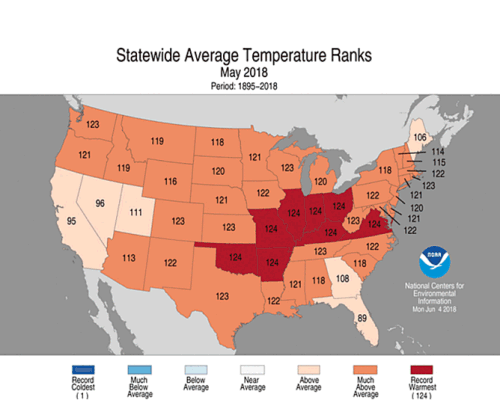 Statewide Average Temperature Ranks May 2018