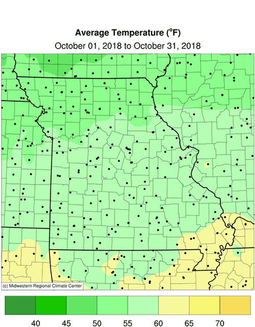 Missouri Average Temperature October 1 to October 31, 2018