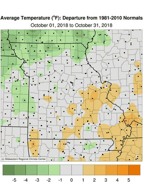 Missouri Average Temperature Departure October 1 to October 31, 2018