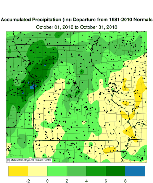 Missouri Accumulated Precipitation Departure October 1 to October 31, 2018