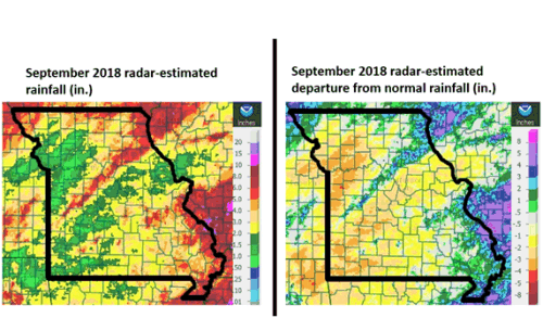 September 2018 Radar-estimated rainfall and Radar-estimated departure from normal rainfall