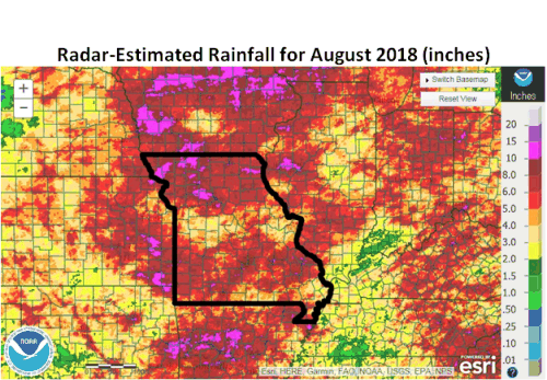 Radar Estimated Rainfall August 2018 (inches)