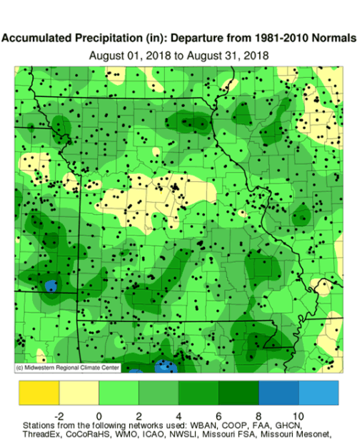 Accumulated Precipitation (in): Departure from 1981-2010 Normals August 01, 2018 to August 31, 2018