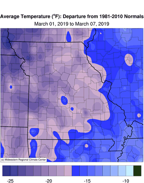 Average Temp Departure March 1 to March 7, 2019