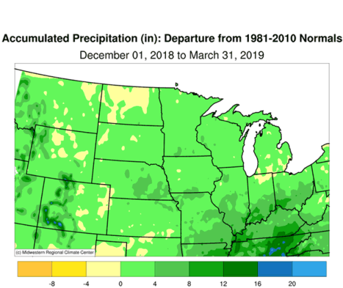 Accumulated Precip (in): Departure from 1981-2010 Normals December 1, 2018 to March 31, 2019