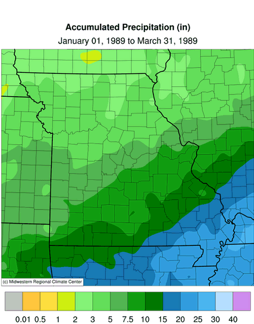 Missouri Accumulated Precip: January 1 to March 31, 1989