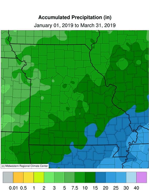 Missouri Accumulated Precip: January 1 to March 31, 2019