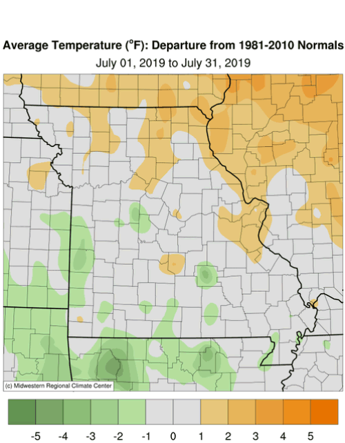 Missouri Average July 2019 Temperature Departure