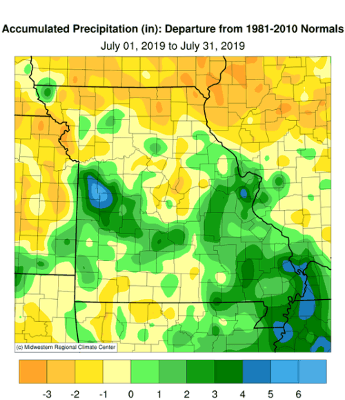 Missouri Accumulated July 2019 Precipitation Departure