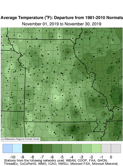 Missouri Average Temperature Departure November 2019