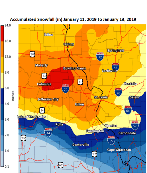 Accumulated Snowfall (in) January 11 to January 13, 2019