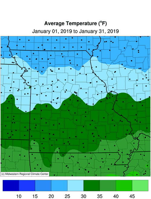 Missouri Average Temp: January 1 to January 31, 2019