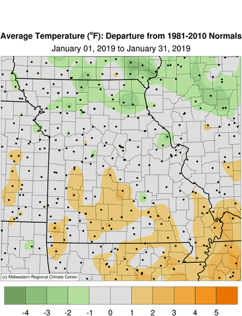 Missouri Average Temp Departure: January 1 to January 31, 2019