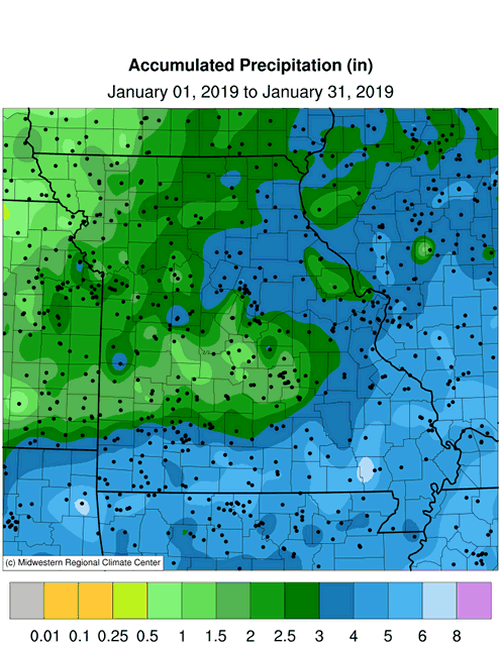 Missouri Accumulated Precipitation: January 1 to January 31, 2019