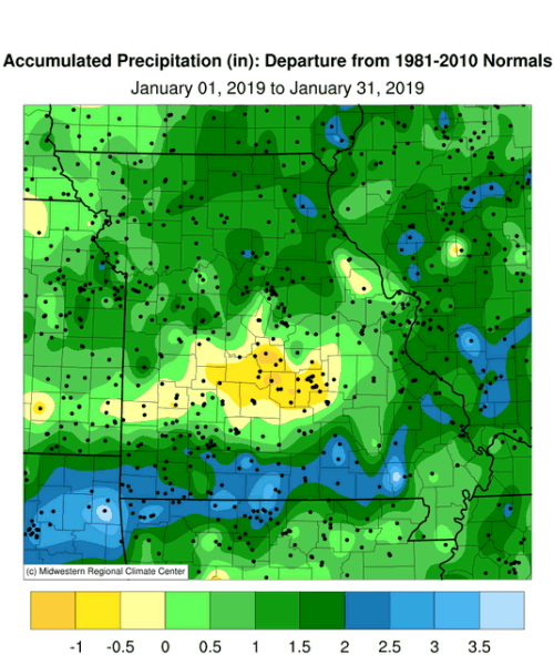 Missouri Accumulated Precipitation Departure: January 1 to January 31, 2019