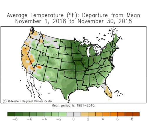 Average Temperature Departure from Mean November 1 to November 30, 2018