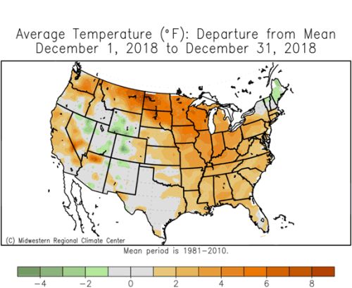 Average Temperature Departure from Mean December 1 to December 31, 2018