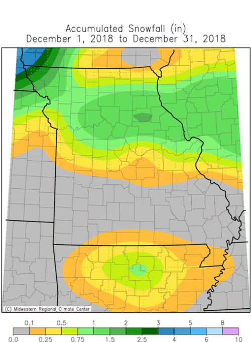 Accumulated Snowfall (in) December 1 to December 31, 2018