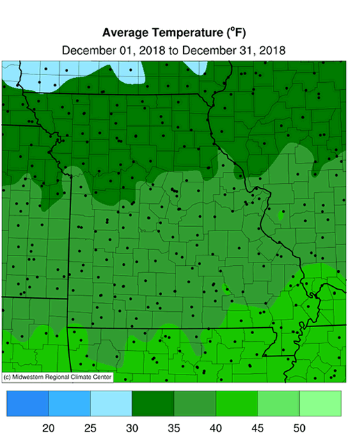 Missouri Average Temp: December 1 to December 31, 2018