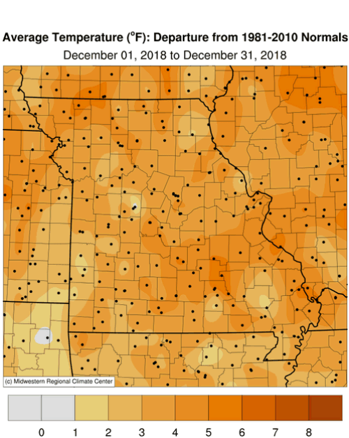 Missouri Average Temp Departure: December 1 to December 31, 2018
